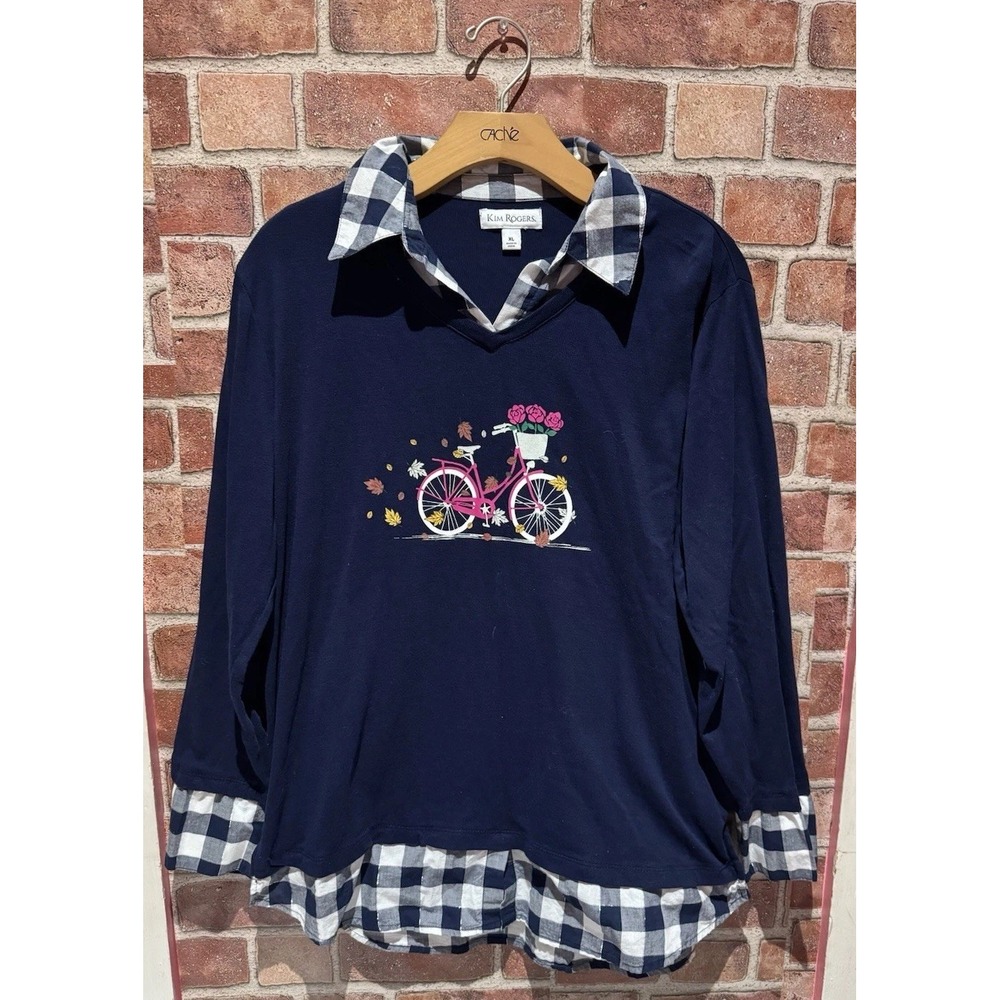 Kim‎ Rogers Women's Size XL Graphic Long Sleeve Flannel Detail 100% Cotton Shirt